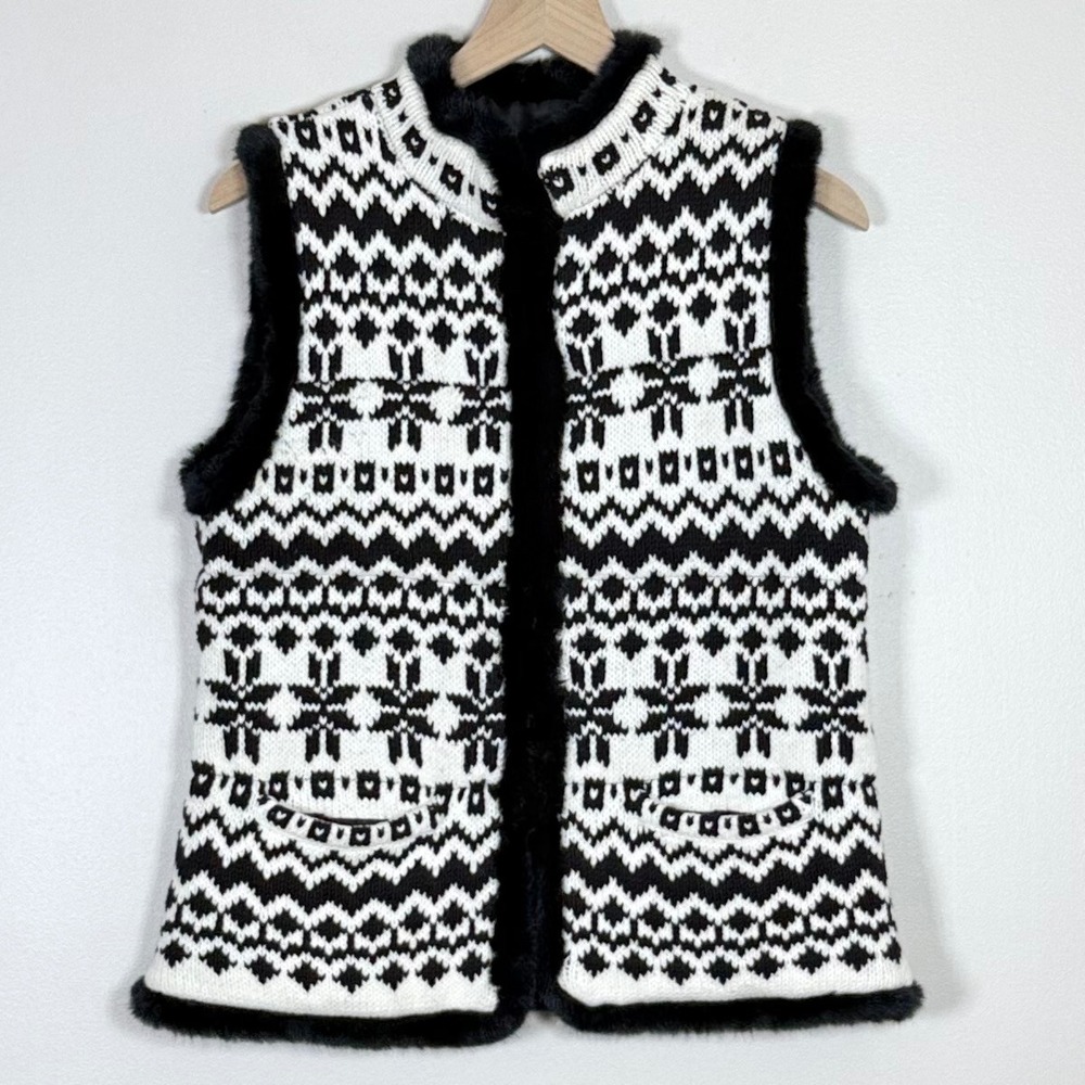 Talbots Petites Women Fair Isle Faux Fur Trim Knit Puffer Vest Size MP Nordic